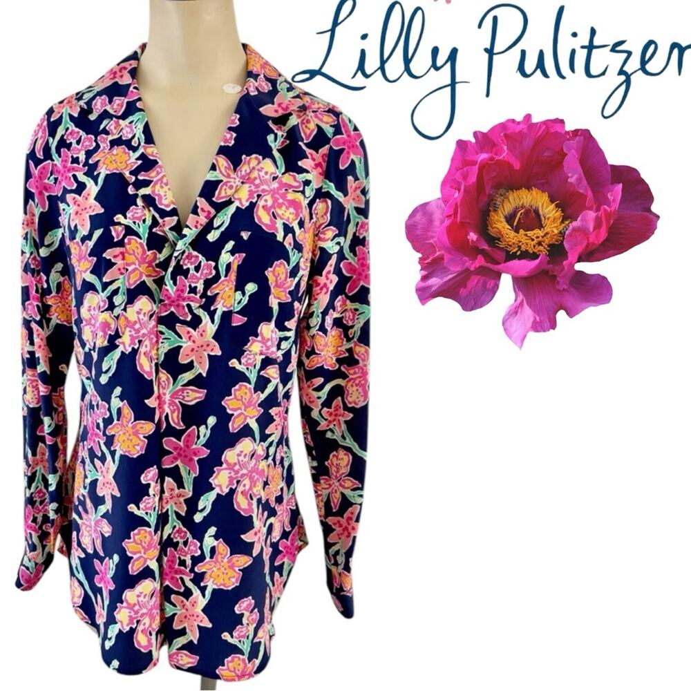 Lilly Pulitzer Navy Floral Button-Up Blouse with Pink & Yellow Flowers